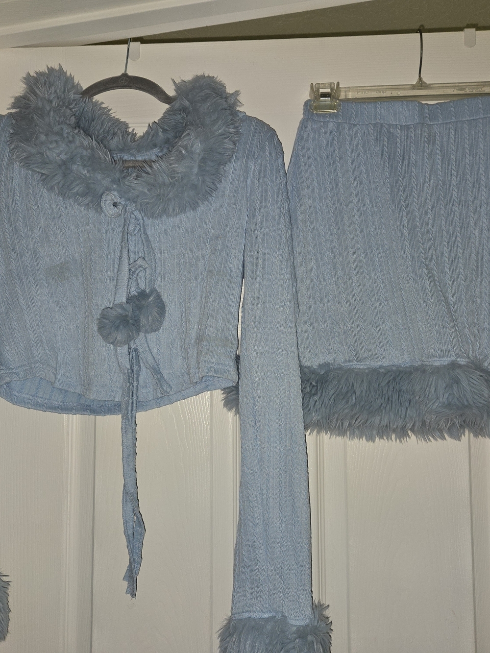 SHEIN Light Blue Faux-Fur Trim Knit Crop Top & Mini Skirt Set